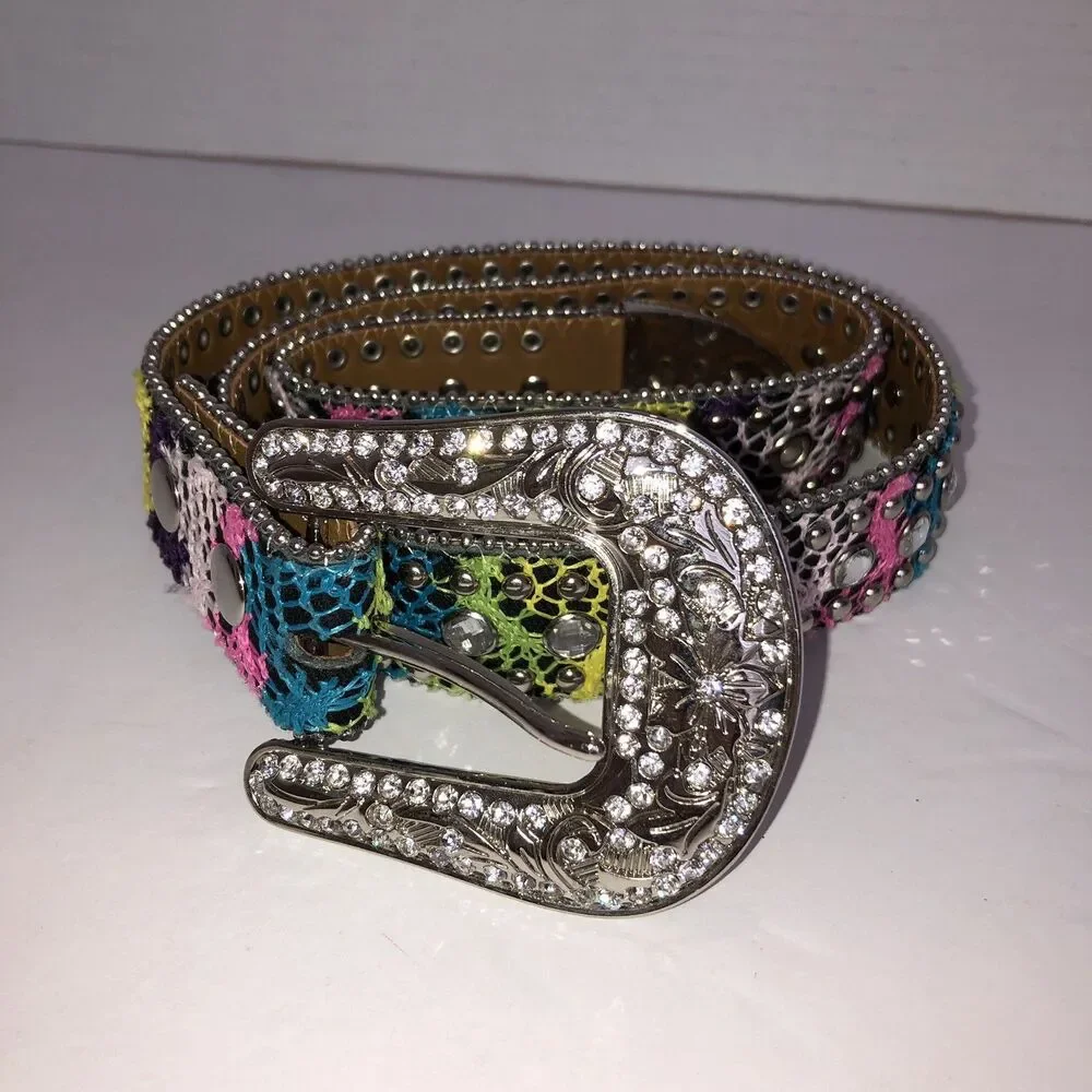 Nocona N4410897-28 Girls Brown Multicolor Silver Leather Rhinestone Studded Belt